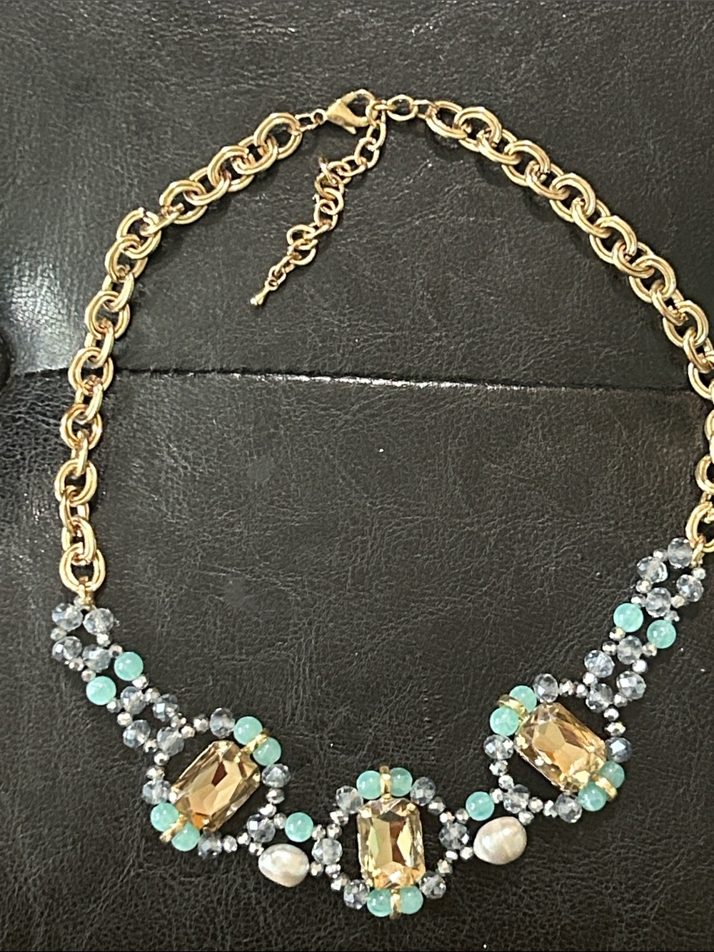 Gold-Tone Statement Necklace with Champagne and Teal Accents